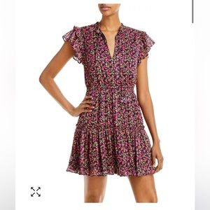 Aqua Metallic Ditsy Floral print tassel tie mini dress